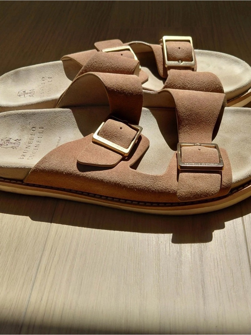 Brunello Cucinelli Taupe Suede Double-Buckle Slide Sandals - Picture 4 of 8